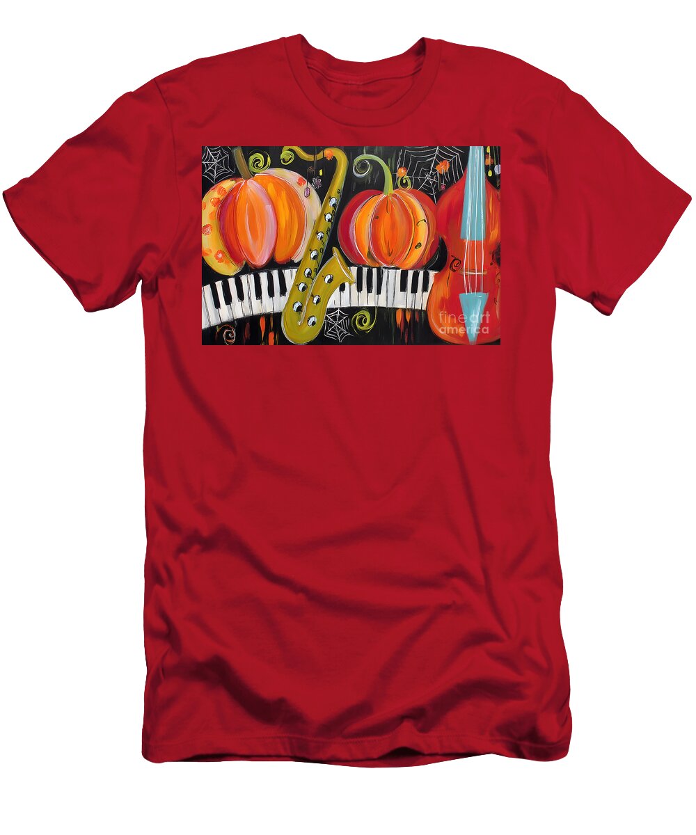 Dance with Pumpkins and Musical Instruments in a Playful Halloween Night Scene Olfactoart Studio T-Shirt