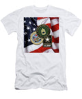 U S Army Sergeant First Class S F C Rank Insignia with Army Seal and Logo Over American Flag Serge Averbukh T-Shirt