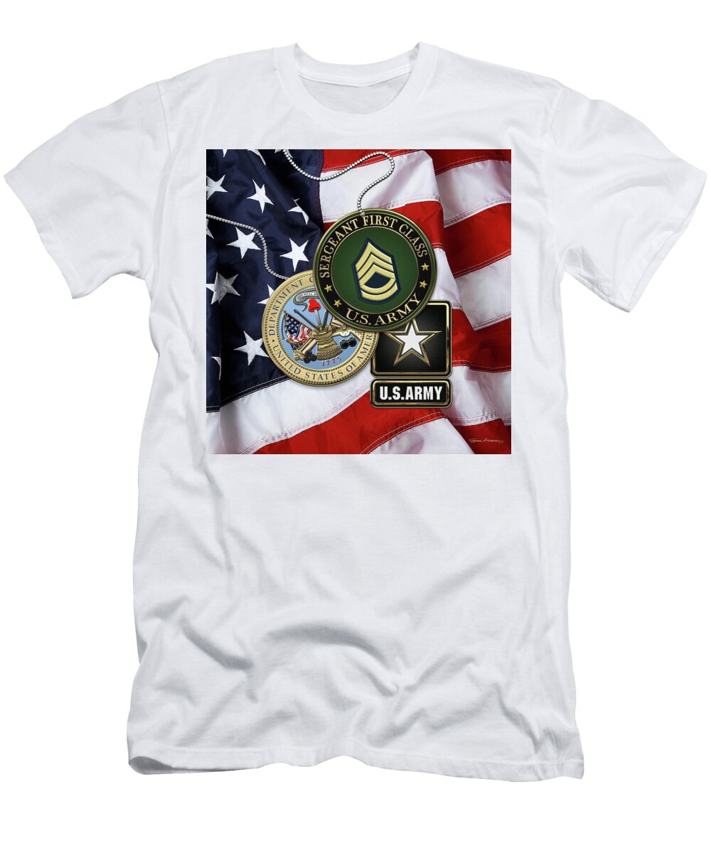 U S Army Sergeant First Class S F C Rank Insignia with Army Seal and Logo Over American Flag Serge Averbukh T-Shirt