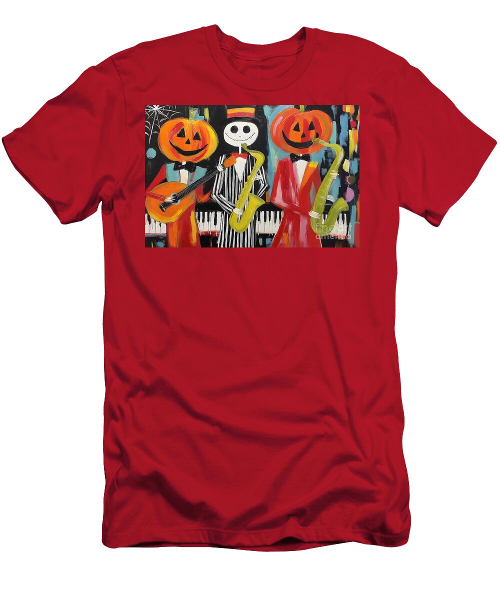 Whimsical Pumpkin Musicians Perform Guitar and Saxophone in a Playful Halloween Scene Olfactoart Studio T-Shirt